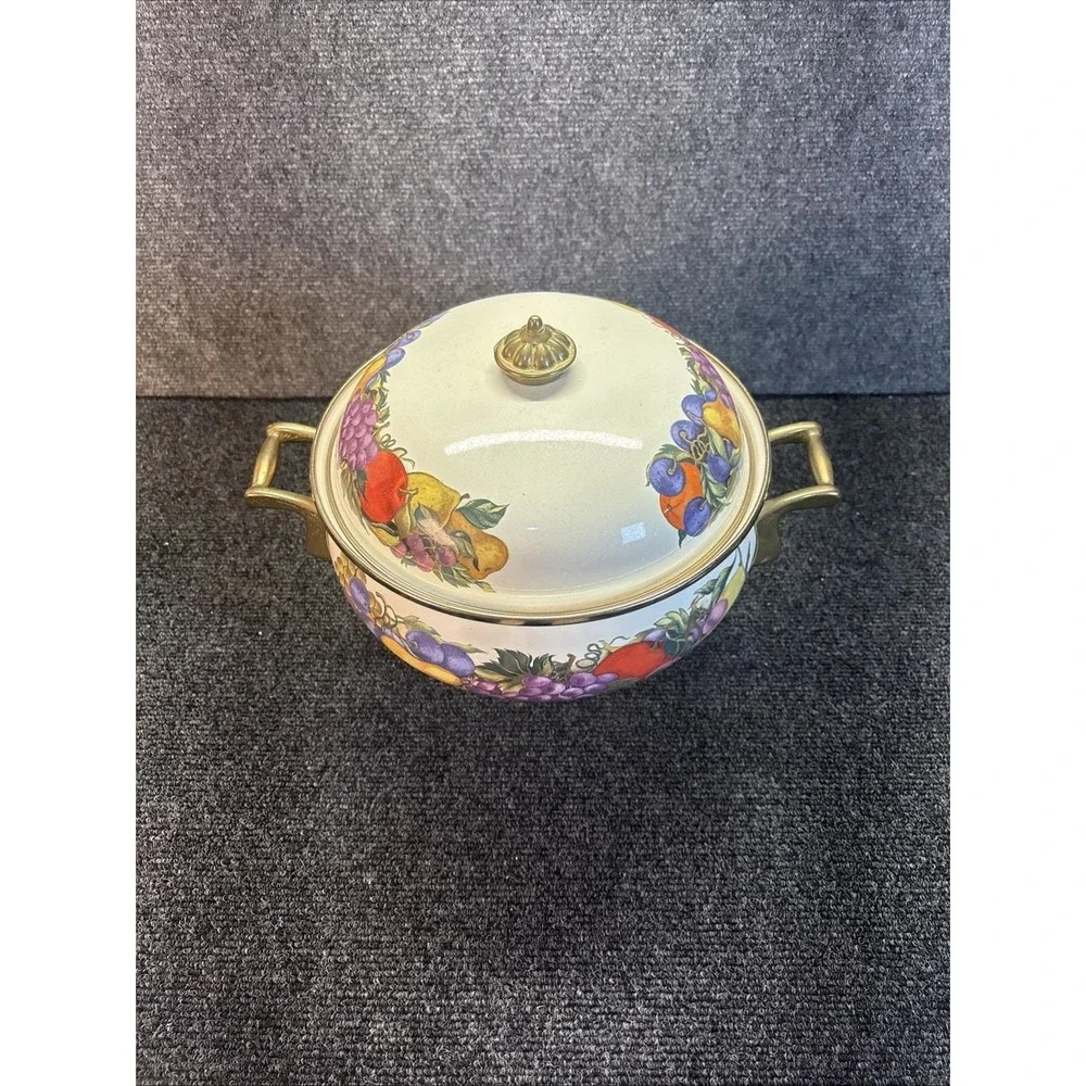Vtg~Cornucopia Dutch Oven~Enamel Fruit Covered Lid Pot Brass Casserole 2 Qt